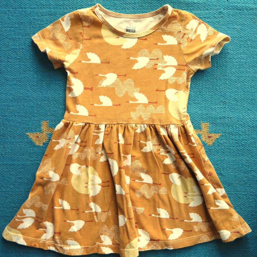 Winter Water Factory Crane Print Dress 3T Golden